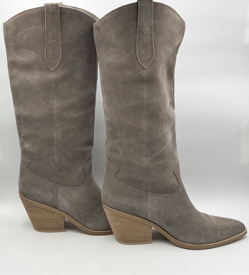 Nine West Womens Smash Tall Boots Suede Taupe 10m, Western Style, Block Heel NIB
